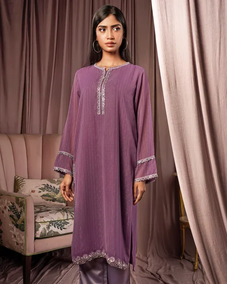 Female Loose Fit Round-Neck Long Kamiz | Lavender Herb