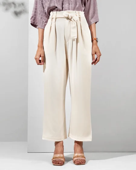 Female Bottom Wide Hem Details Double Georgette Straight Fit Pant | Cream White