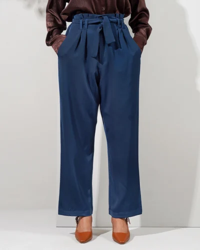 Female Bottom Wide Hem Details Double Georgette Straight Fit Pant | Dark Blue