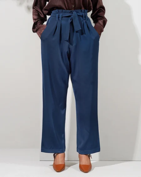 Female Bottom Wide Hem Details Double Georgette Straight Fit Pant | Dark Blue
