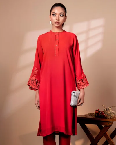 Embroidered Zari Crepe Georgette Designer Long Kameez | Imperial Red
