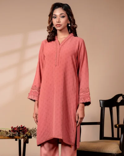 Textured Embroidered Cotton Blend Short Kameez | Mineral Red
