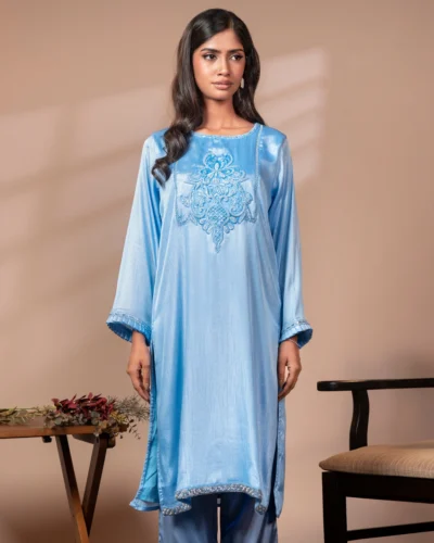 Embroidered Zari Textured Silk Long Kameez | Sky Blue