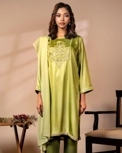 Embroidered Zari Textured Silk Long Kameez | Avocado Green