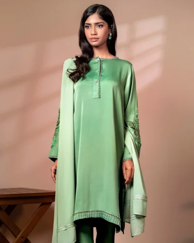 Embroidered Crinkle Silk Designer Short Kameez | Ocean Green