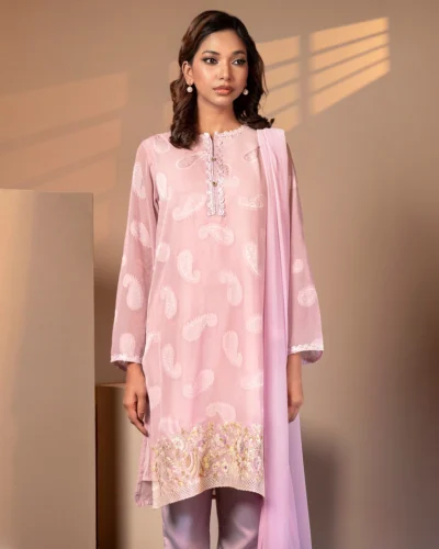 Embroidered Fine Georgette Textured Short Kameez | Lilac Snow
