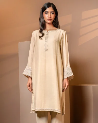 Embroidered Crinkle Chiffon Georgette Short Kameez | Butter Cream