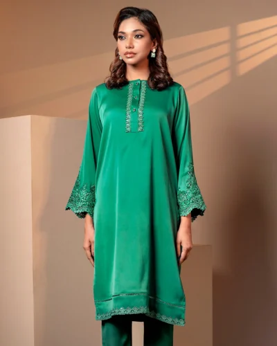 Embroidered Textured Silk Long Kameez | Spruce Green