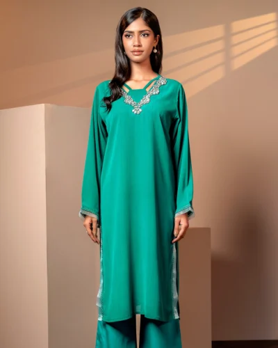 Embroidered Zari Crepe Georgette Designer Long Kameez | Blue Green