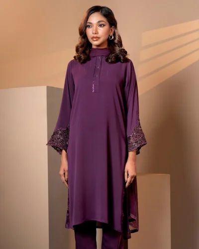 Embroidered Zari Crepe Georgette Designer Long Kameez | Eggplant Purple