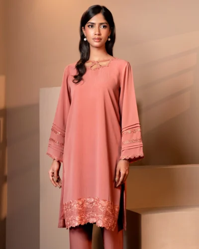 Embroidered Zari Crepe Designer Short Kameez | Coral Blush