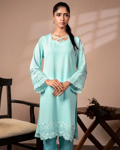 Embroidered Zari Crepe Designer Short Kameez | Powder Blue