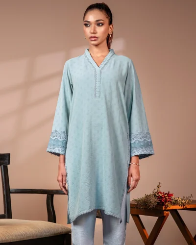Textured Embroidered Cotton Blend Short Kameez | Air Force Blue