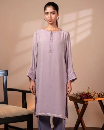 Embroidered Crinkle Chiffon Georgette Short Kameez | Light Onion