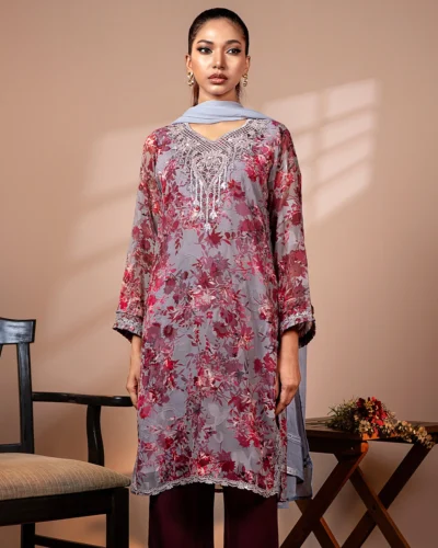 Embroidered Chiffon Floral Long Kameez | Ash
