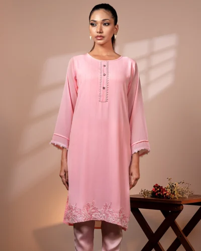Embroidered Zari Crepe Georgette Designer Long Kameez | Baby Pink