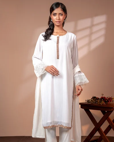 Embroidered Zari Crepe Georgette Designer Long Kameez | White