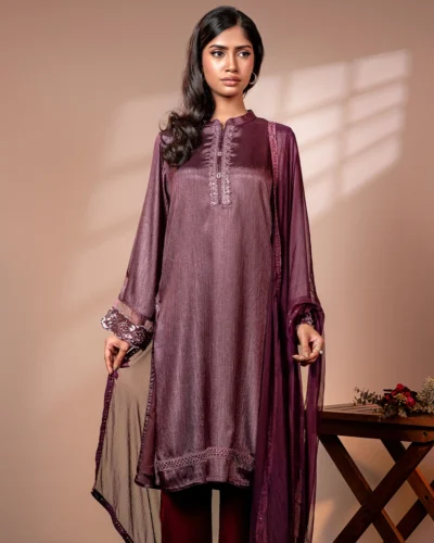 Embroidered Zari Crinkle Silk Designer Long Kameez | Royal Plum