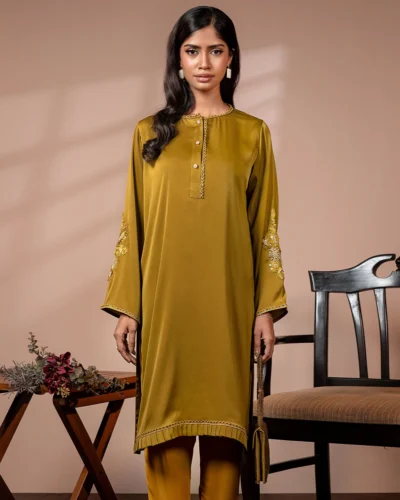 Embroidered Crinkle Silk Designer Short Kameez | Golden brown