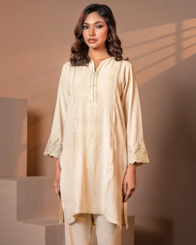Textured Embroidered Cotton Blend Short Kameez | Cream