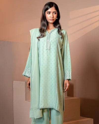 Textured Embroidered Cotton Blend Short Kameez | Aqua