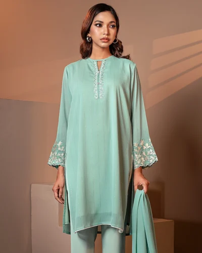 Embroidered Zari Crepe Georgette Designer Short Kameez | Blue Tint