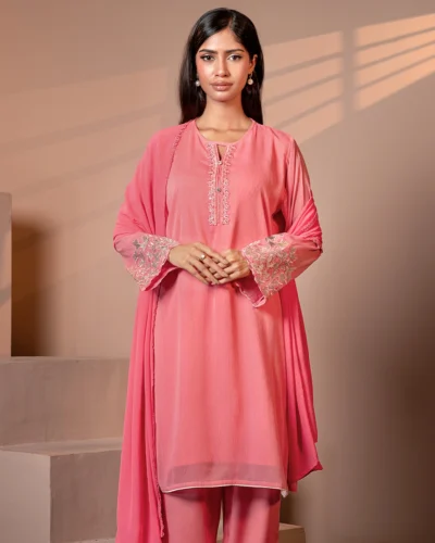 Embroidered Zari Crepe Georgette Designer Short Kameez | Water melon Pink