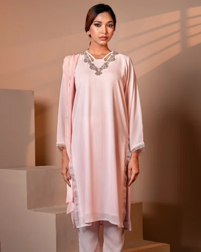 Embroidered Zari Crepe Georgette Designer Long Kameez | Crepe Pink