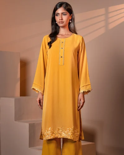 Embroidered Zari Crepe Georgette Designer Long Kameez | Corn Yellow