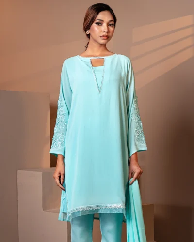 Embroidered Zari Crepe Georgette Designer Short Kameez | Blue