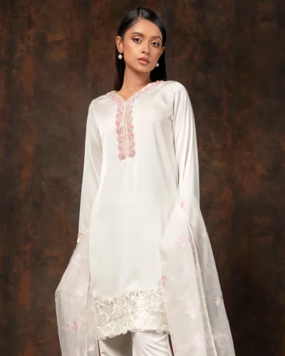 Floral Embroidered Luxury Double Silk Short Kameez | White