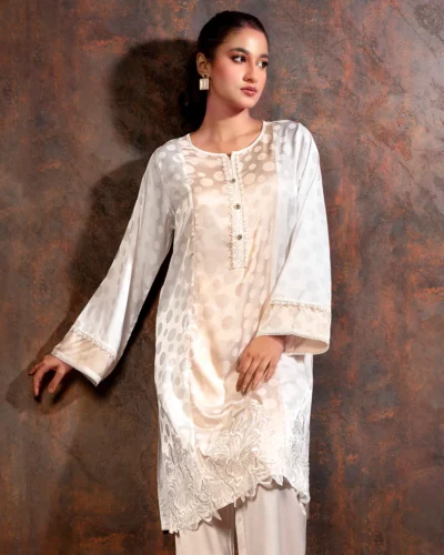 Embroidered luxury Double silk Kameez | Bright White