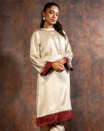 Embroidered Luxury Double Silk Long Kameez | Biscuit