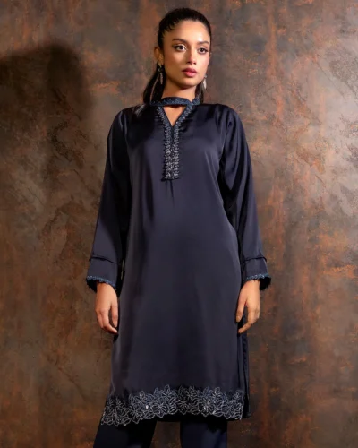 Embroidered luxury Double silk Kameez | Black Blue