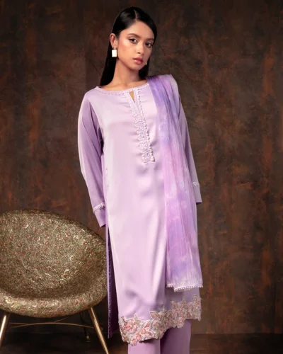 Embroidered Crinkle Silk Kameez | Pale Lavender