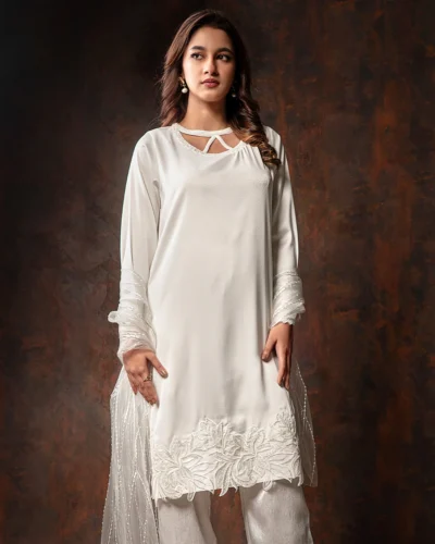 Embroidered luxury Double silk Kameez | White