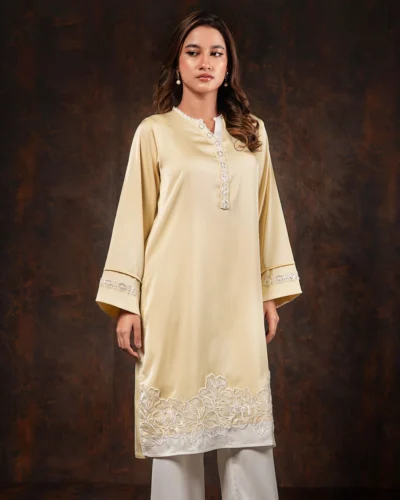 Embroidered luxury Double silk Kameez | Butter Yellow