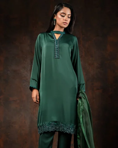 Embroidered luxury Double silk Kameez | Dark Green