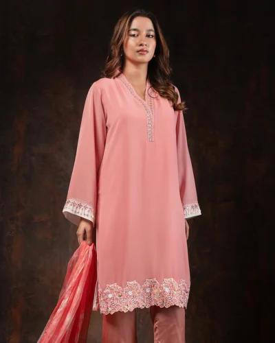 Embroidered Fine Georgette Kameez | Flamingo Pink