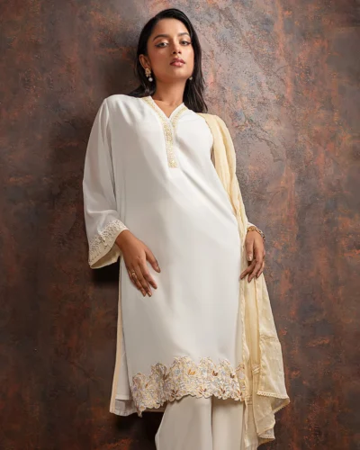 Embroidered Fine Georgette Kameez | White cream