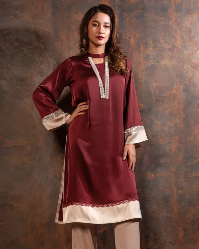 Embroidered Luxury Double Silk Long Kameez | Maroon