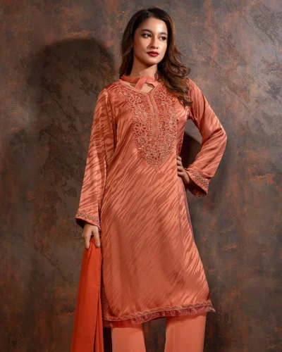 Embroidered luxury Double silk Kameez | Burnt Ochre