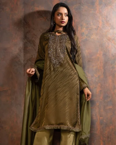 Embroidered luxury Double silk Kameez | Burnt Olive