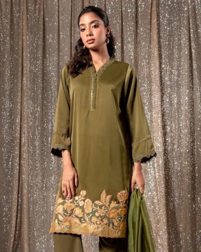 Embroidered Luxury Double Silk Long Kameez | Olive Green