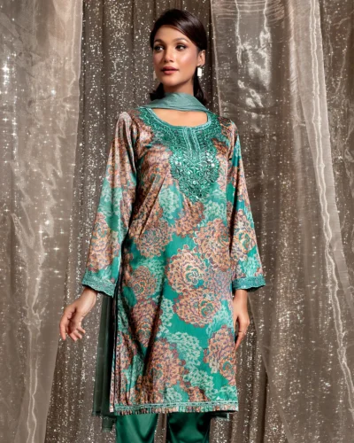Embroidered Printed Luxury Double Silk Long Kameez | Ocean Green