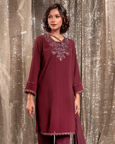 Embroidered Luxury Crepe Georgette Short Kameez | Burgundy Maroon