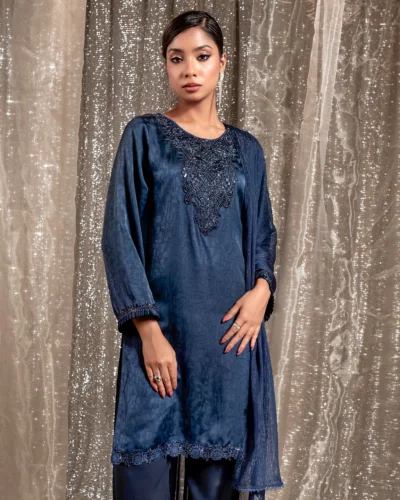 Embroidered Luxury Double Silk Short Kameez | Admiral Blue