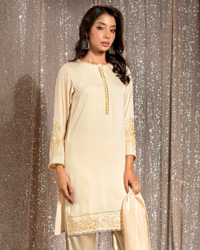 Embroidered Luxury Double Silk Short Kameez | Cream White