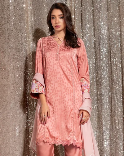 Embroidered Luxury Double Silk Long Kameez | Blush Pink
