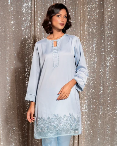 Embroidered Luxury Double Silk Short Kameez | Blue Ice